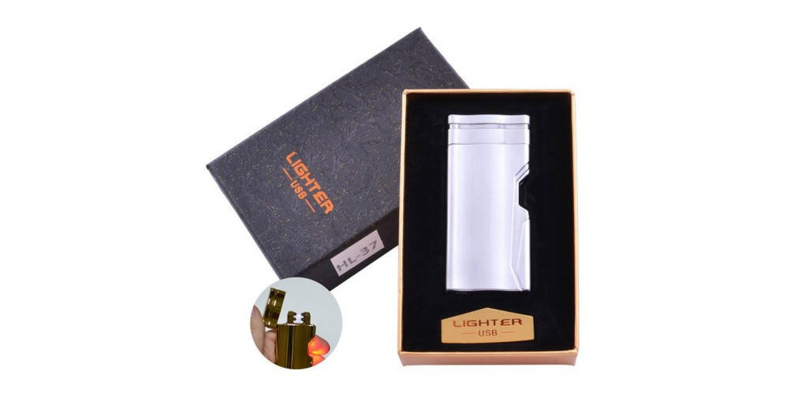 Електроімпульсна запальничка USB з сенсорною кнопкою Подвійна блискавка Lighter HL-37 в подарунковій упаковці Silver