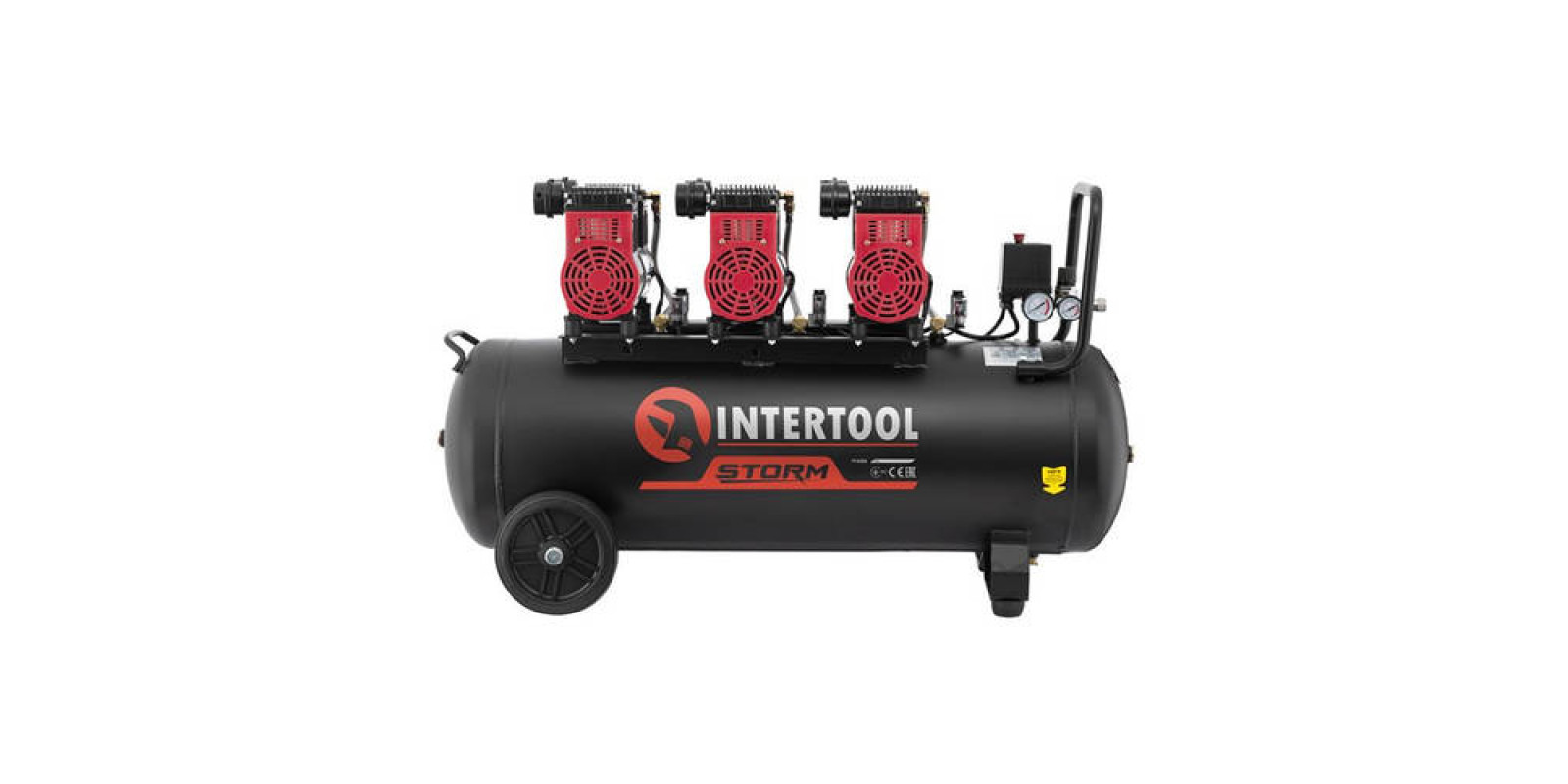 Компресор INTERTOOL PT-0028,100 л, 3x1.1 кВт, 220В, 8атм, 480 л/хв, 1400 об/хв, безмасляний, 6 циліндрів