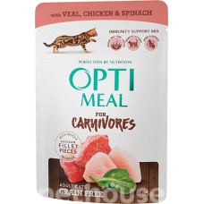 Optimeal Grain Free Шматочки з телятиною, курячим філе та шпинатом під соусом для котів Optimeal Grain Free Шматочки з телятиною, курячим філе та шпинатом під соусом для котів