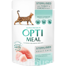 Optimeal Шматочки з індичкою та курячим філе для стерилізованих котів Optimeal Шматочки з індичкою та курячим філе для стерилізованих котів