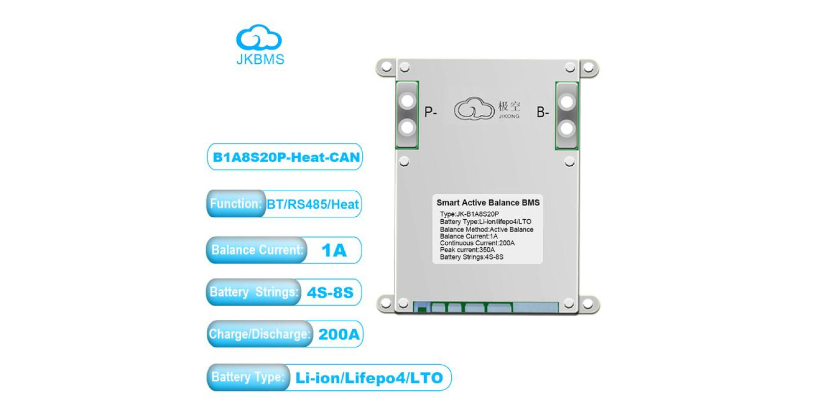 BMS 200A 4S-8S Lifepo4/Li-ion/LTO (JK-B1A8S20P) с активной балансировкой 2A, ток 200А JK (JiKong)