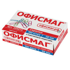 Скріпки ОФІСМАГ, 28 мм, кольорові, 100 шт., у картонній коробці, Росія, 225210