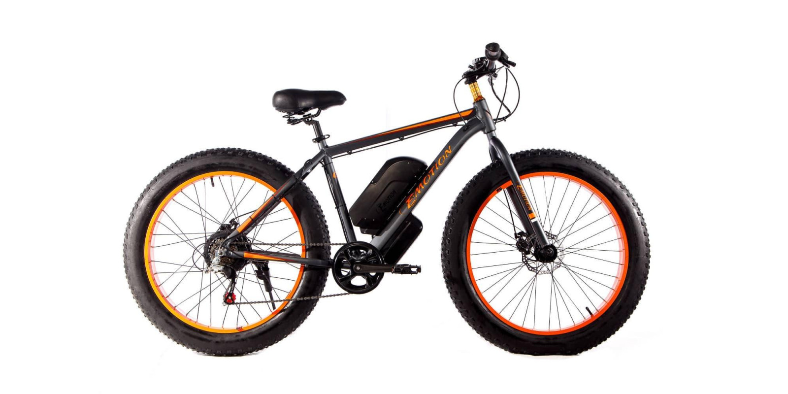 Електровелосипед етбайк E-motion Fatbike GT 48V 19Ah 1000W гідравлічні гальма сіро-жовтогарячий Електровелосипед етбайк E-motion Fatbike GT 48V 19Ah 1000W гідравлічні гальма сіро-жовтогарячий