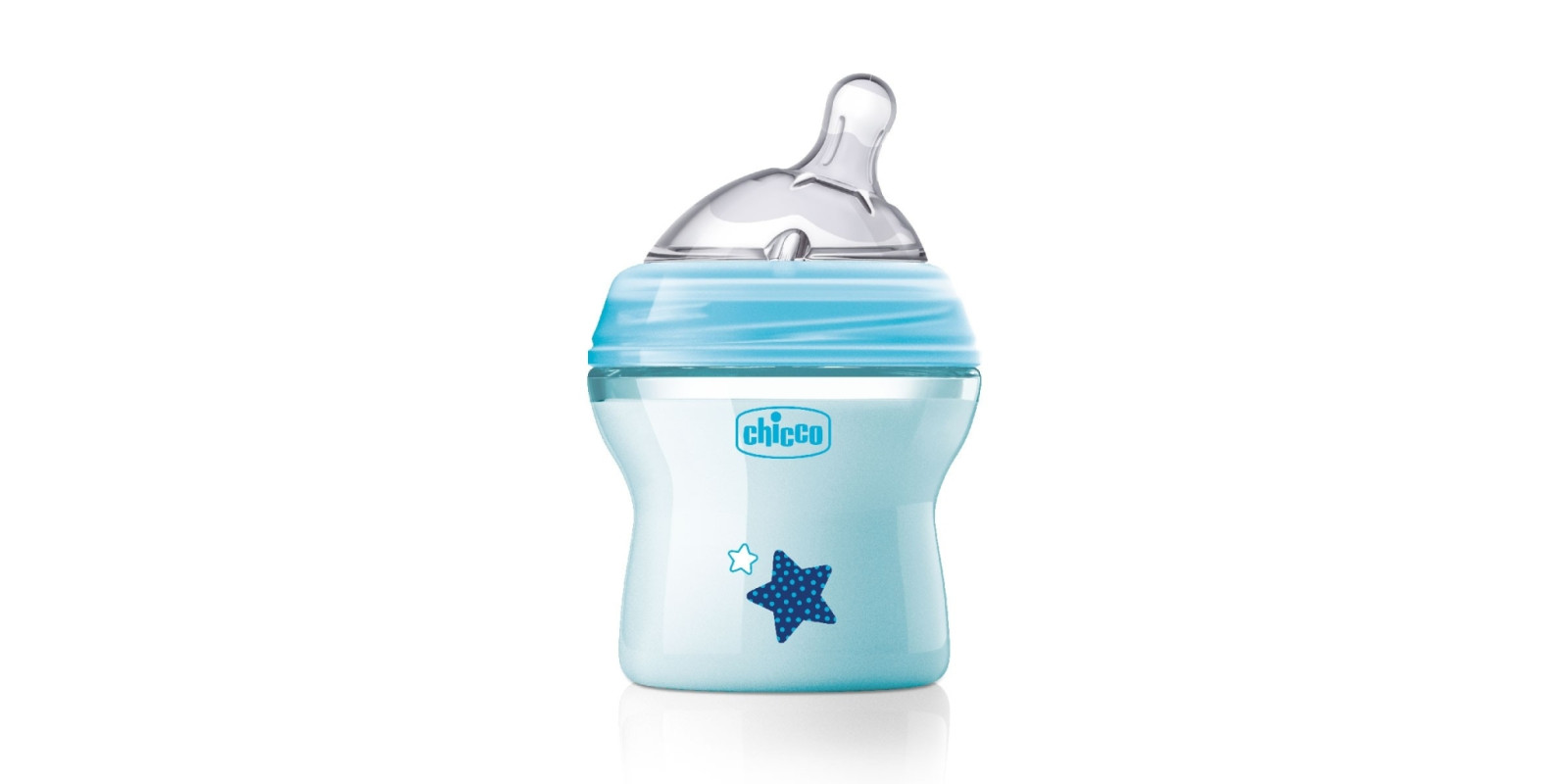 Бутылка пластиковая Chicco Natural Feeling 150 мл, соска силиконовая от 0 месяцев, нормальный поток (голубая)
