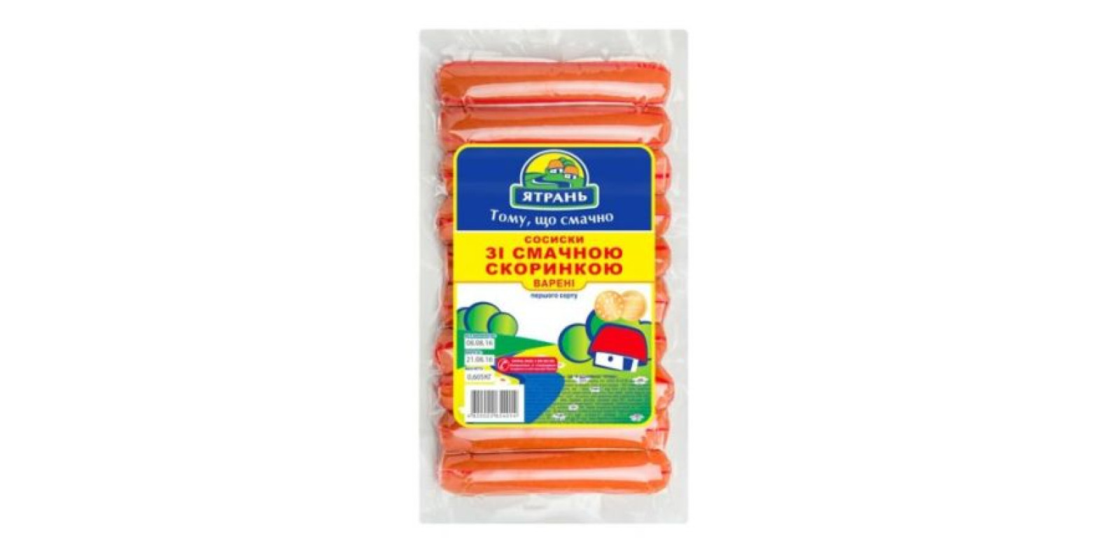 Сосиски ЯТРАНЬ с вкусной кожицей вареные 1 шт 0.395 кг упаковка