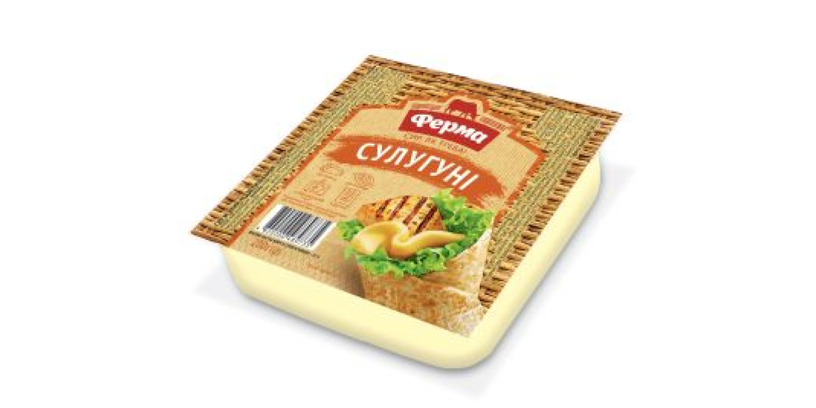 Сыр мягкий чеддеризованный ФЕРМА СУЛУГУНИ 45% лоток 0.200 кг, упаковка.