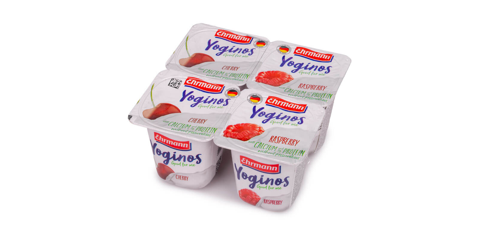 Йогурт из обезжиренного молока "Yoginos Вишня-Малина" 0,1% жира ТМ Ehrmann 400г (4шт.х100г)